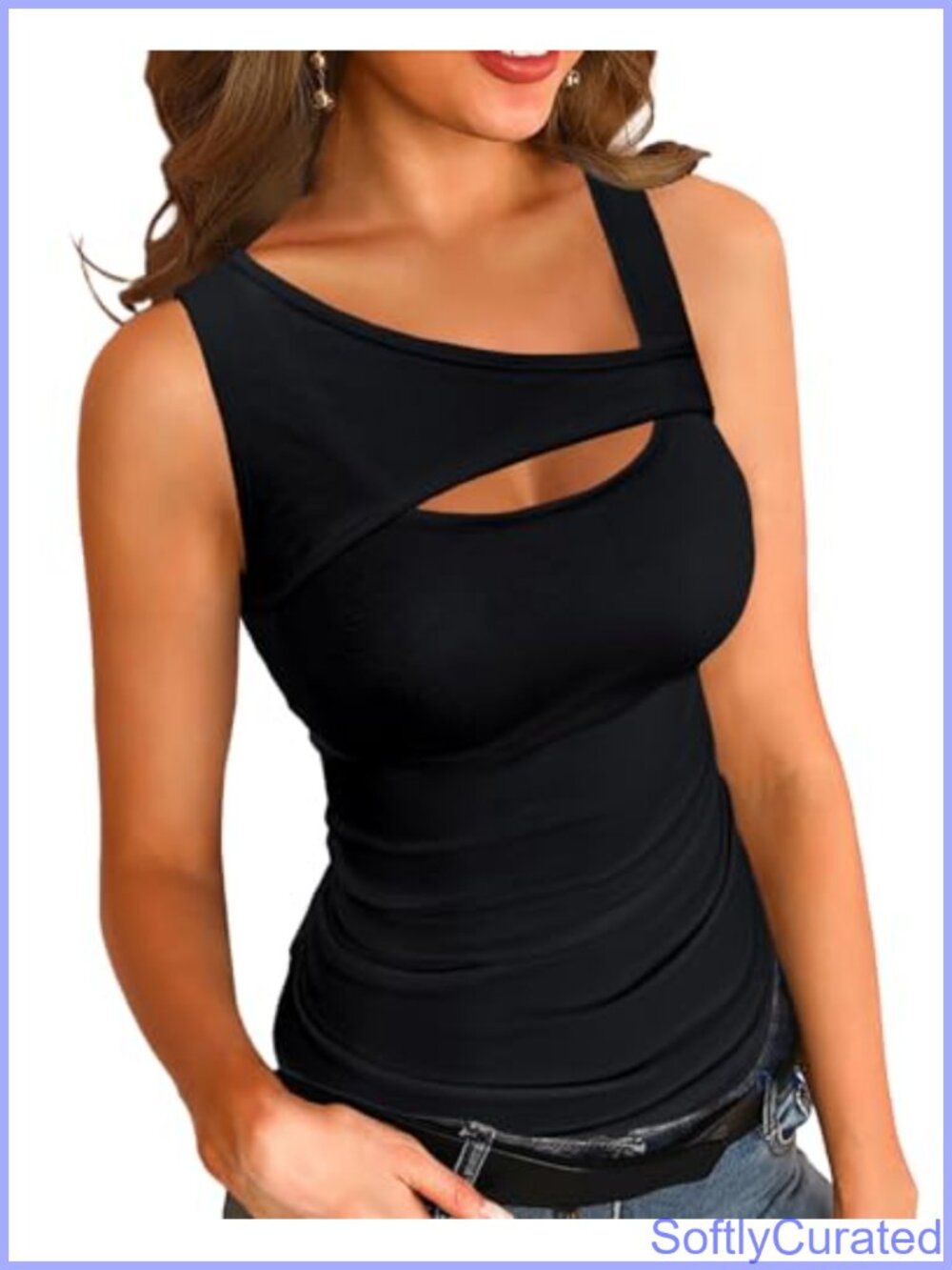 Ribbed Cutout Square Neck Slim Sleeveless Tank Top Yoga Casual Summer Cami